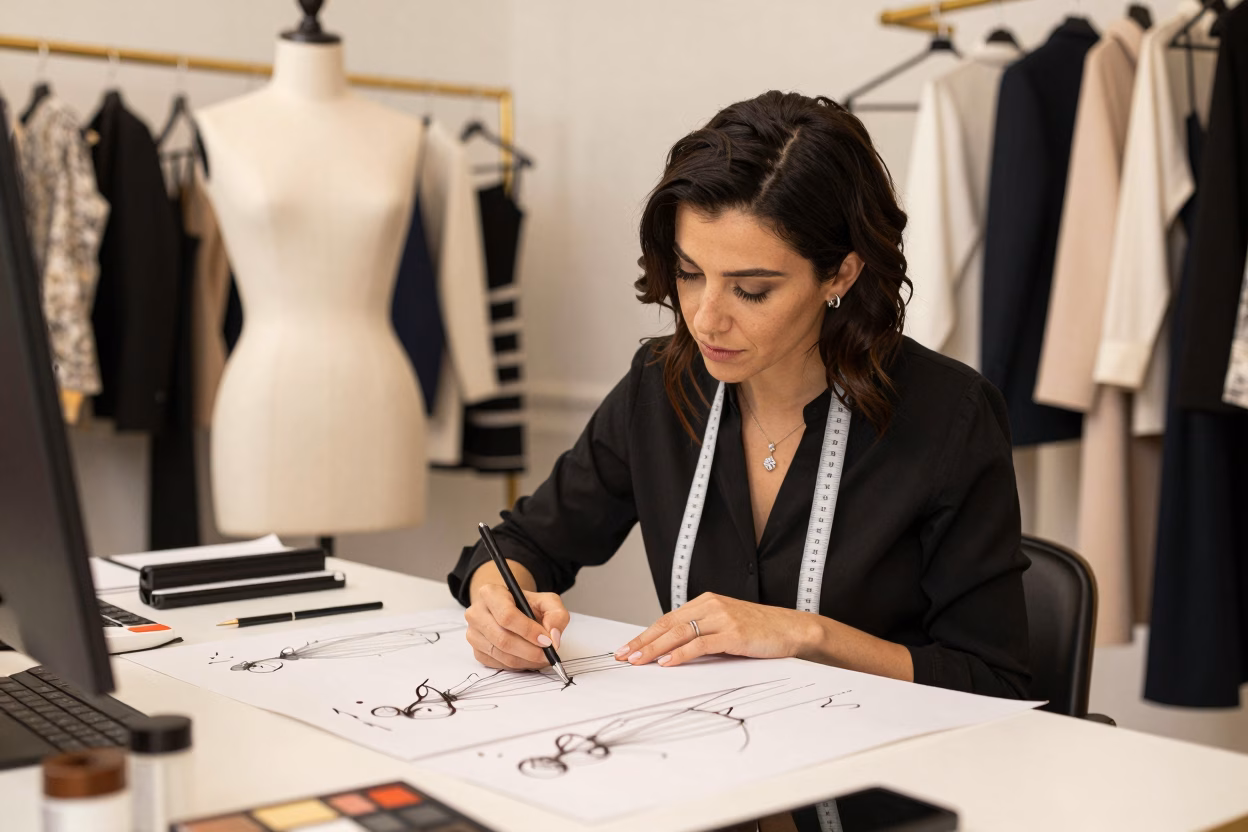 Fashion designer travaillant dans un atelier parisien de haute couture sur ses créations