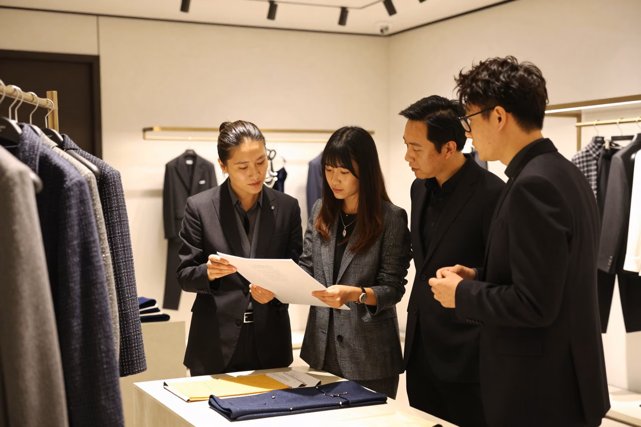 Équipe de professionnels de la mode collaborant dans un showroom de marque de luxe