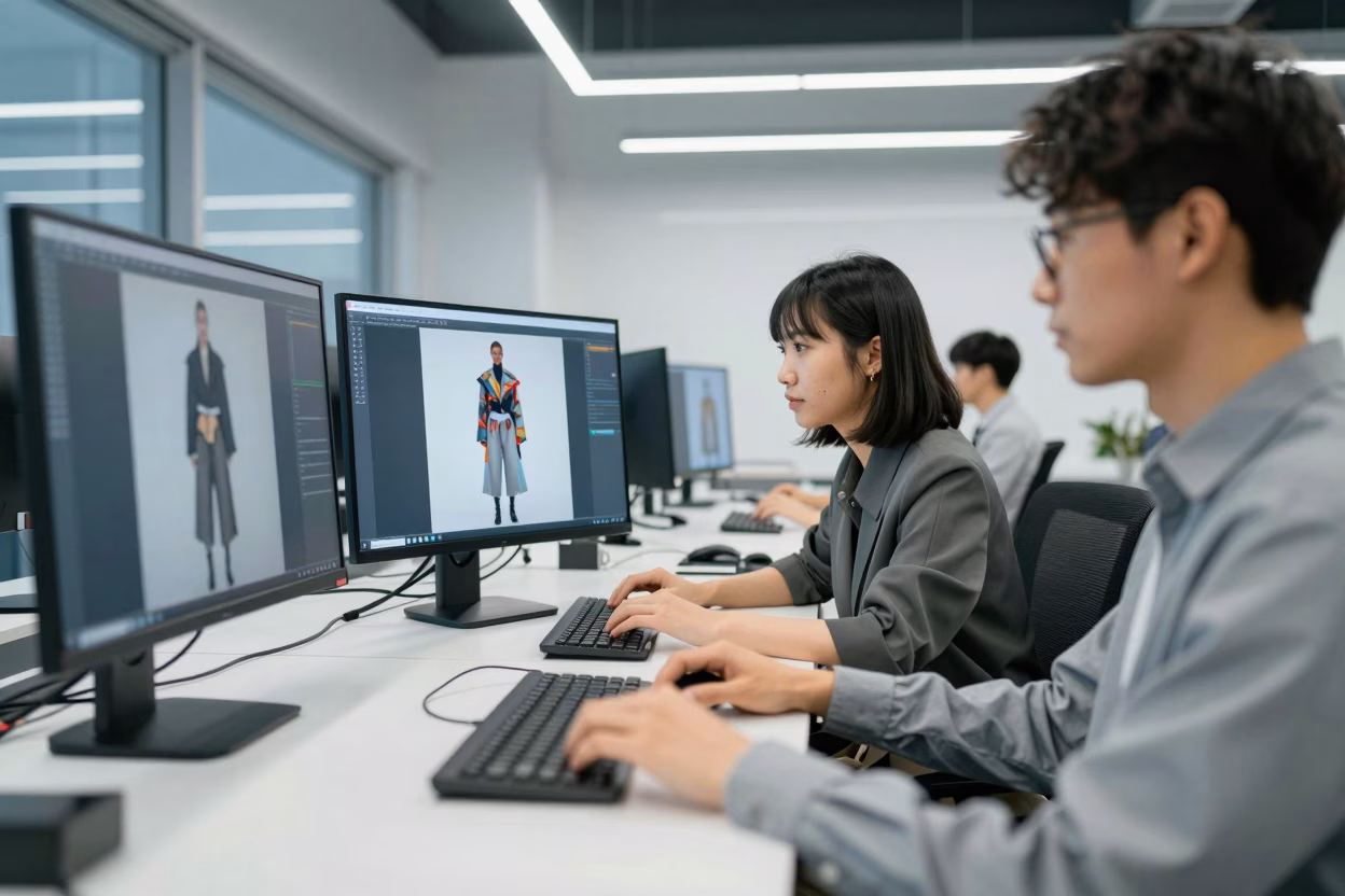 Professionnels de la mode utilisant les nouvelles technologies digitales dans un studio créatif