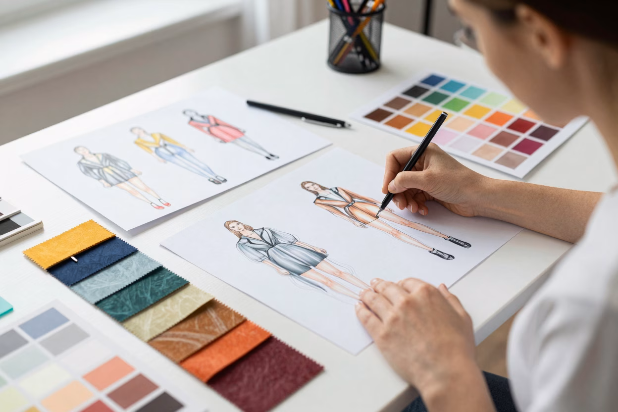 Fashion designer travaillant sur les tendances mode 2024 avec planches d'inspiration et échantillons de tissus