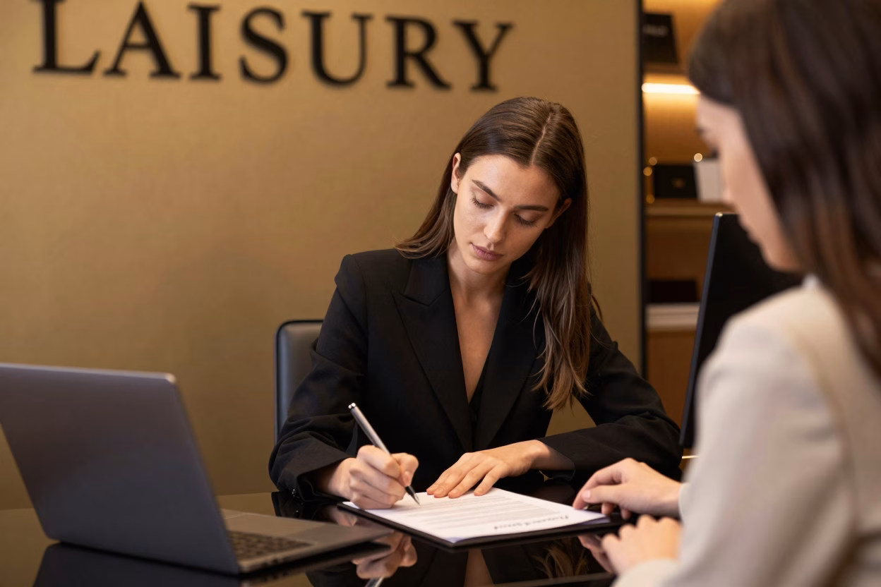 Mannequin professionnel signant un contrat dans une agence de mannequins de luxe