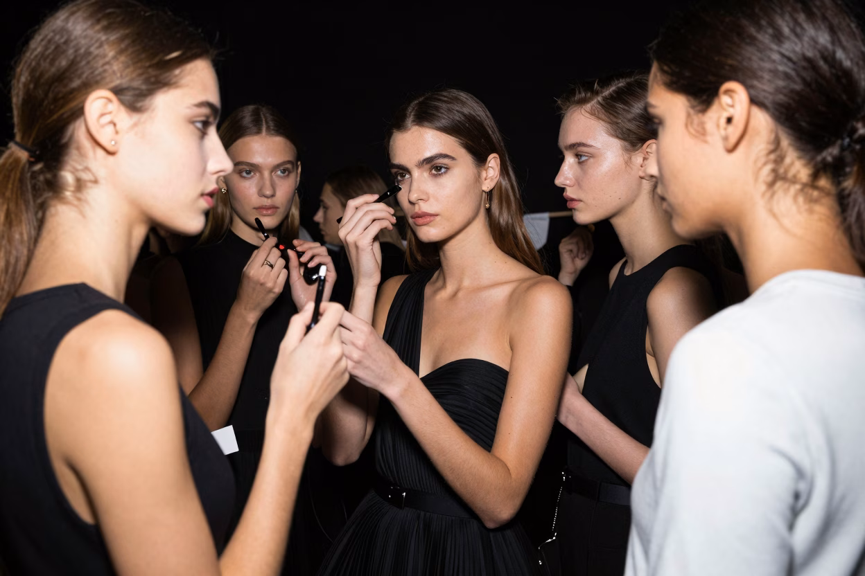 Mannequins se pr&eacute;parant en backstage d'un d&eacute;fil&eacute; de mode haute couture