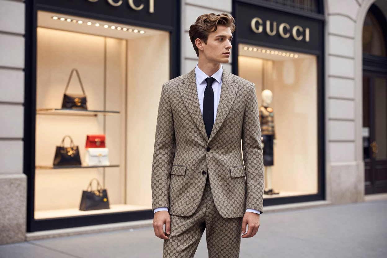 Mannequin homme portant un costume de marque de luxe devant une boutique haut de gamme