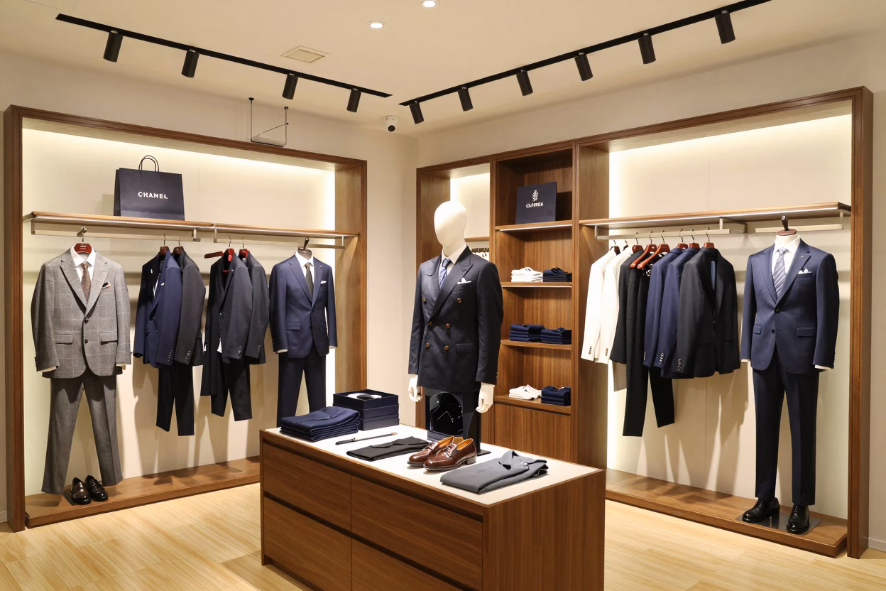 Showroom élégant présentant des collections de marques de luxe pour homme