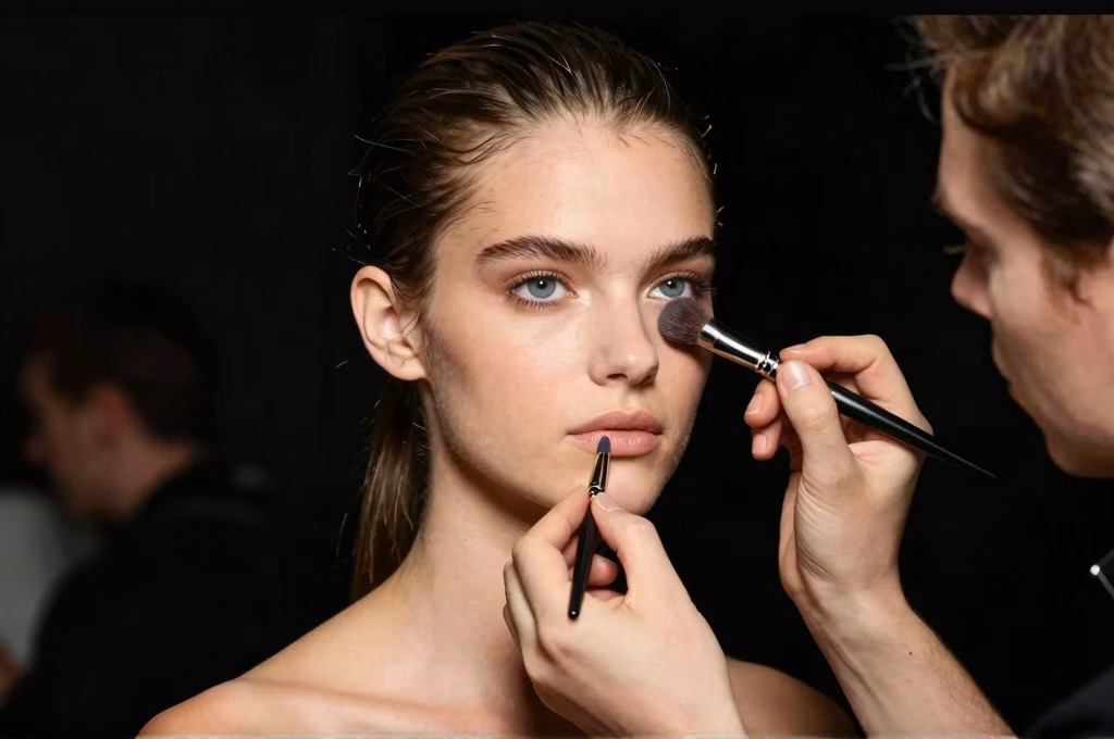 Maquilleur de mode appliquant le maquillage à une mannequin en backstage d'un défilé haute couture