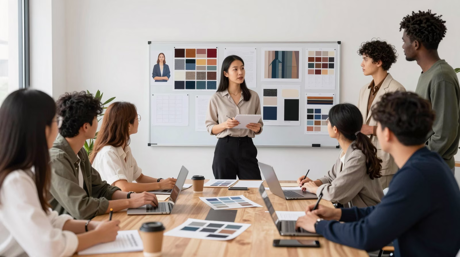 Directeur artistique mode en réunion créative avec son équipe de designers