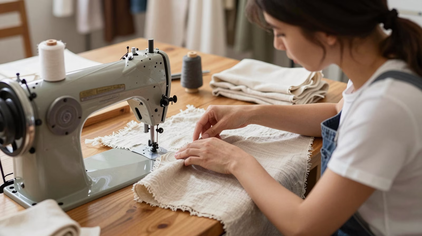 Atelier de fabrication de mode éthique avec artisan travaillant des matières naturelles