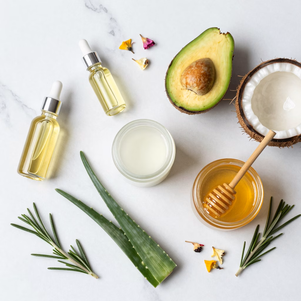 Ingrédients naturels pour soins capillaires : huiles végétales, miel, avocat et aloe vera