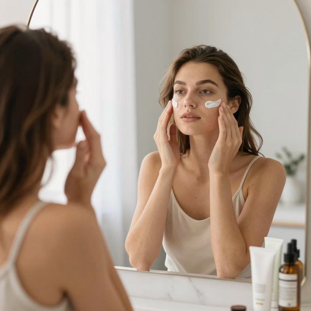 Routine soin visage : femme parisienne appliquant un sérum