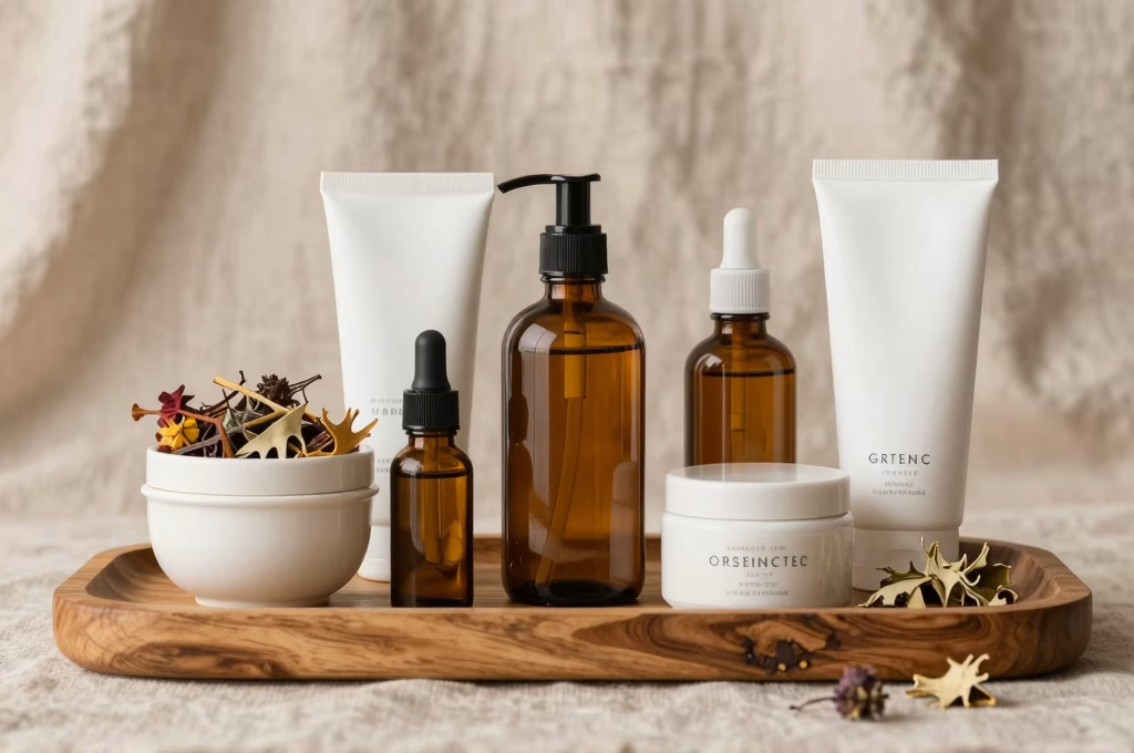 Collection de produits cosmétiques naturels français sur plateau en bois