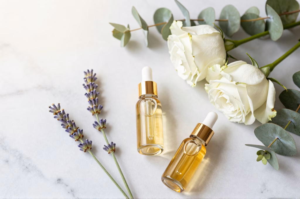 Cosmétiques naturels sur marbre : sérums, huiles végétales et plantes fraîches
