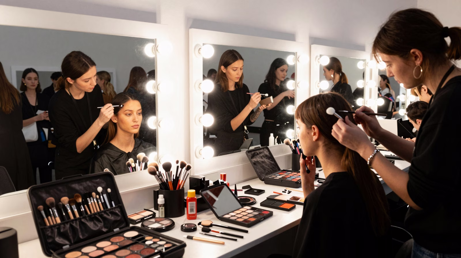 Backstage Fashion Week avec maquilleurs professionnels en action