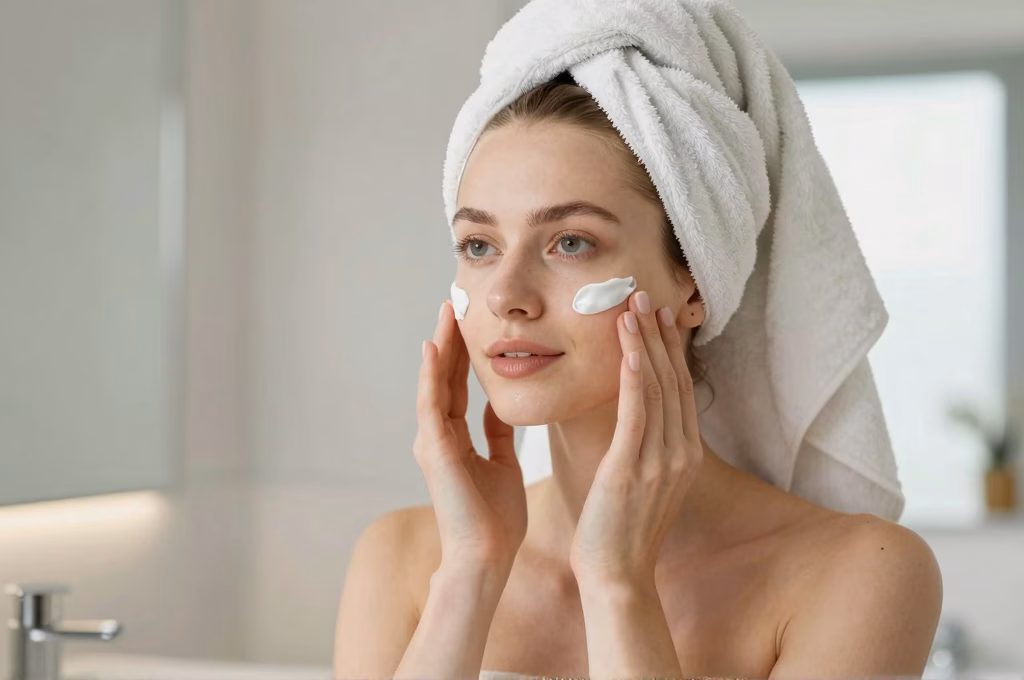 Femme appliquant une creme hydratante lors de sa routine soin visage matinale