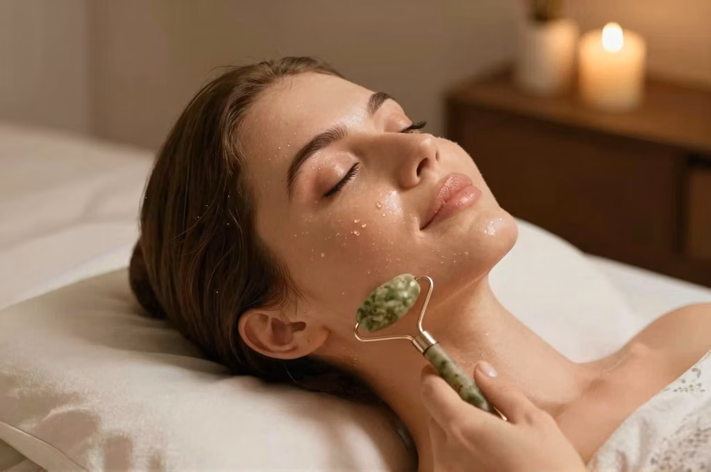 Massage facial au jade roller lors de la routine soin visage du soir