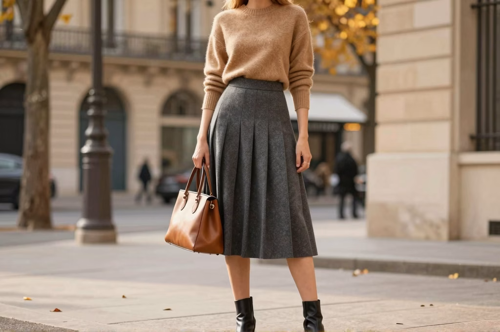 Tenue bureau automnale chic avec pull cachemire camel et jupe midi plissee sur boulevard parisien
