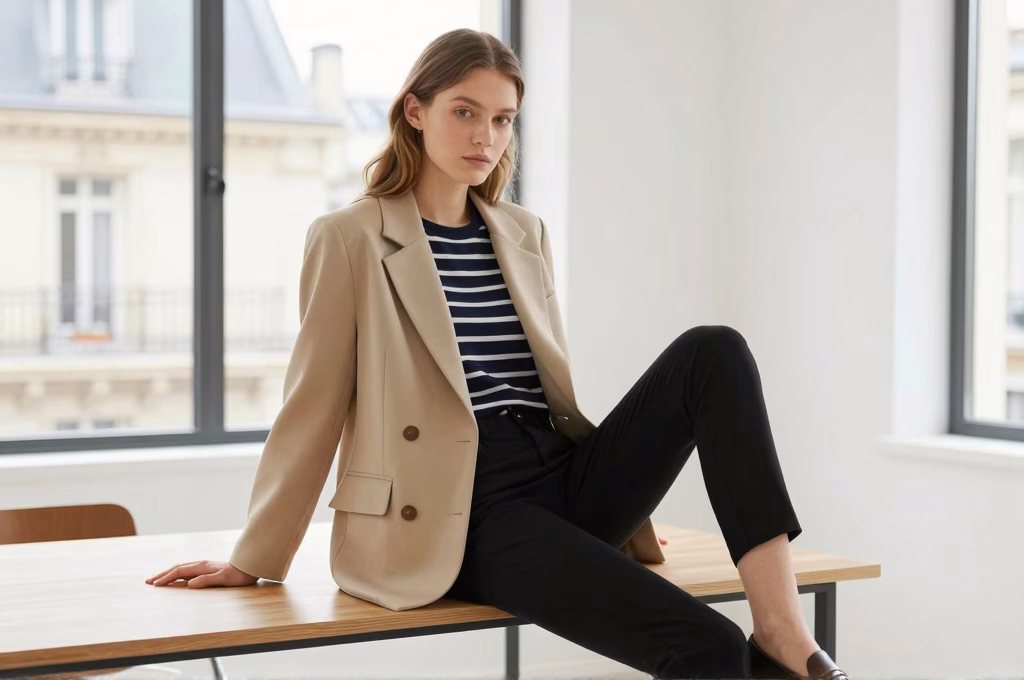 Business casual parisien avec blazer beige, mariniere et pantalon cigarette dans un bureau lumineux